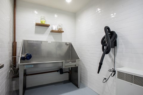 A kitchen with a stainless steel sink and a black hook on the wall.