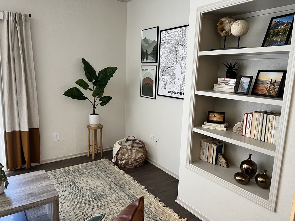a living room with a bookshelf and a potted plant