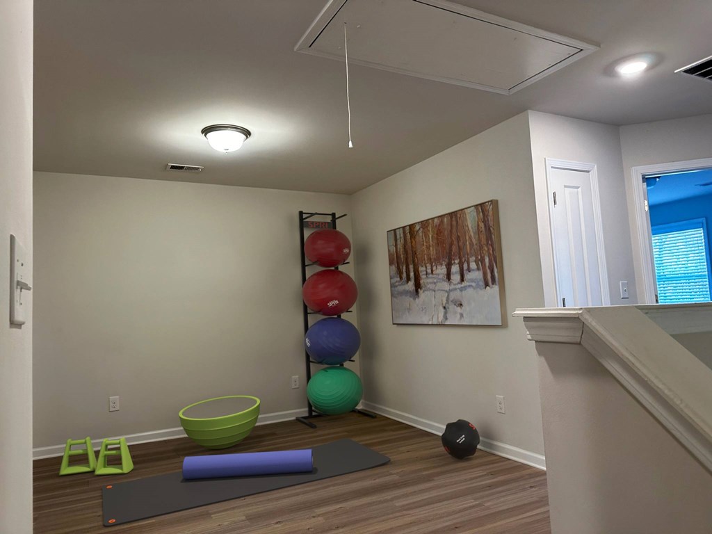 a yoga room with balls and a yoga ball rack on the wall
