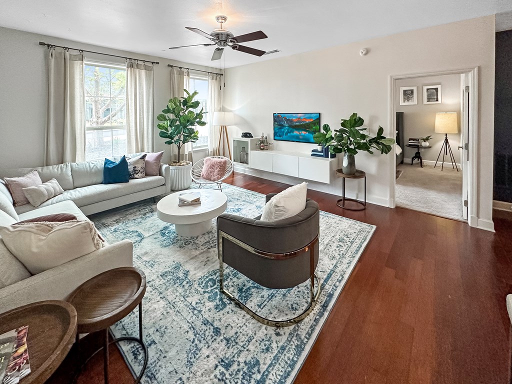 a living room with a couch and a chair and a rug