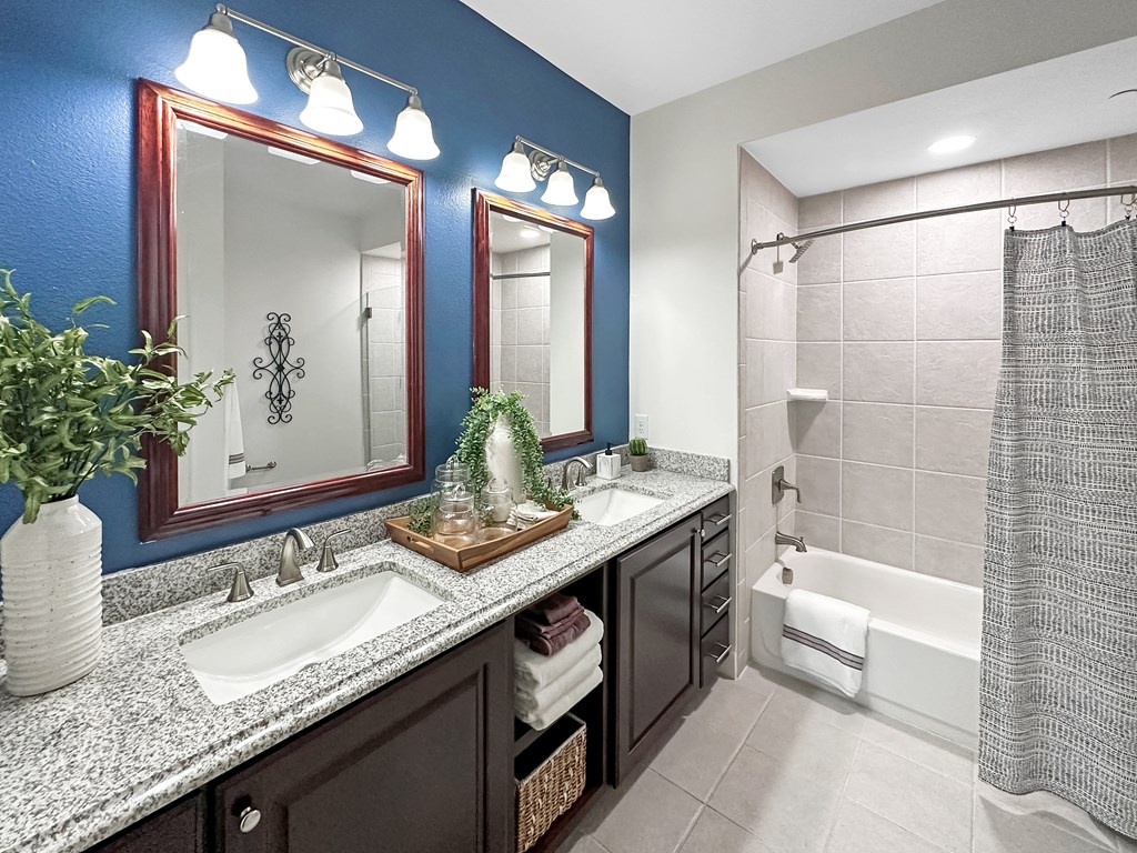 a bathroom with a sink and a shower and a mirror