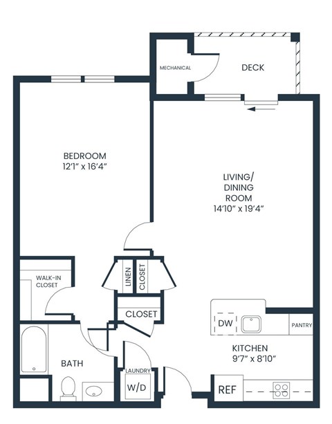 A black and white image of a house floor plan with a bedroom, living room, kitchen, bathroom, and laundry room.