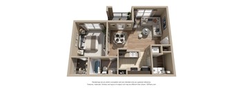 A 3D floor plan of a house with a kitchen, living room, and bathroom.