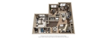 A 3D floor plan of a house with a kitchen, living room, and bathroom.