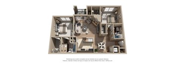 A 3D floor plan of a house with a kitchen, living room, and bedrooms.