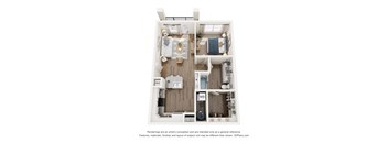A 3D floor plan of a small apartment with a kitchen, living room, and bathroom.
