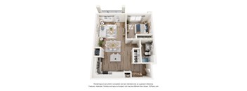 A 3D floor plan of a house with a kitchen, living room, and two bedrooms.
