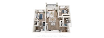 A 3D floor plan of a house with a kitchen, living room, and two bedrooms.