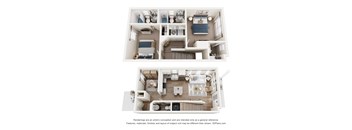 A 3D floor plan of a house with multiple rooms and furniture.