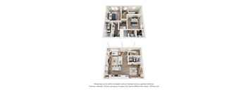 Two images of a floor plan of a house with a kitchen, living room, and bedrooms.