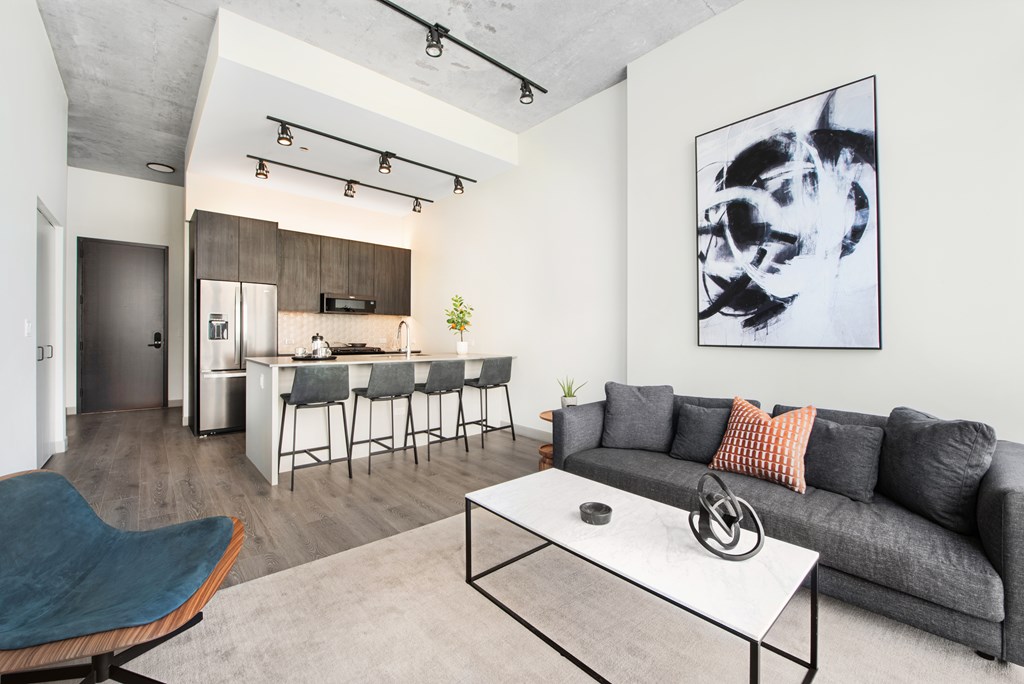 kitchen and living room area