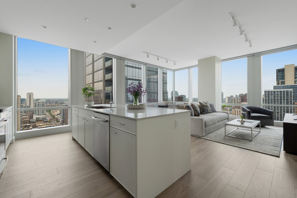 kitchen and living room area