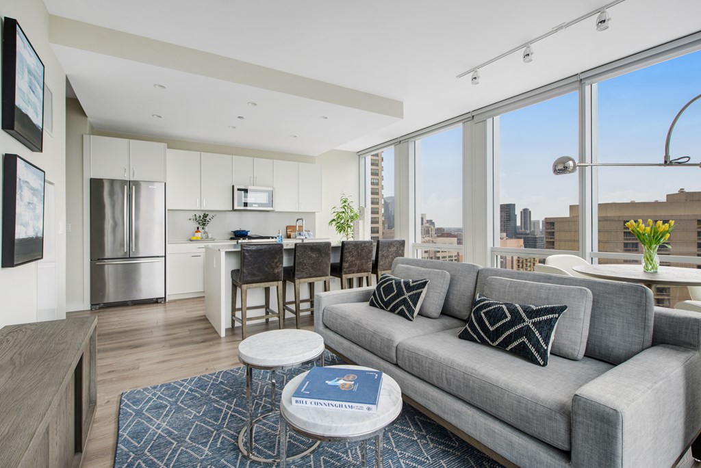 kitchen and living room area