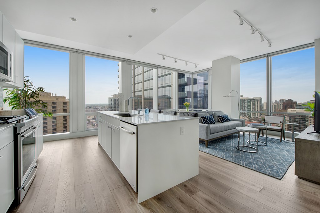 kitchen and living room area