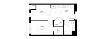 A black and white floor plan of a small house with a living room, kitchen, bedroom, and bathroom.