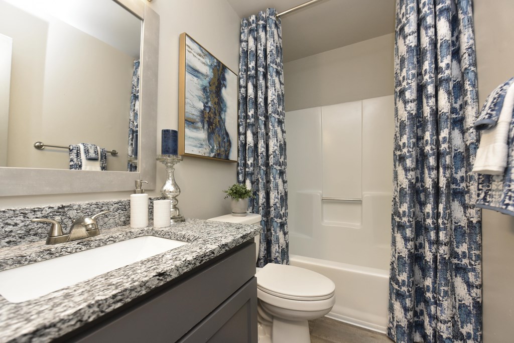 Spacious bathroom with tub in renovated apartments for rent