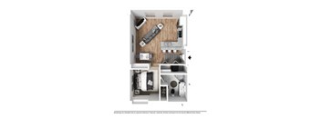 A floor plan of a small apartment with a living room, kitchen, and two bedrooms.