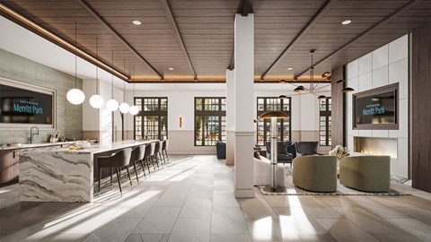 A modern dining area with a long table and chairs.