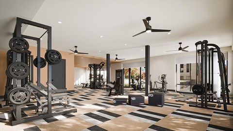 A gym with a variety of equipment including weights and a treadmill.