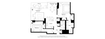 A floor plan of a house with two bathrooms, a kitchen, and two bedrooms.