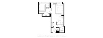 A black and white floor plan of a house with a living room, bedroom, closet, kitchen, bath, and entry.