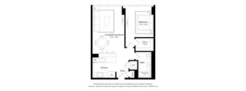 A floor plan of a small apartment with a living room, dining room, kitchen, bathroom, and bedroom.
