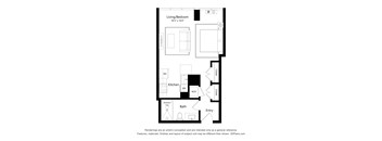 A floor plan of a small apartment with a living room, kitchen, bathroom, and entry.