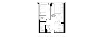 A floor plan of a small apartment with a bedroom, living/dining room, kitchen, bathroom, and entry.