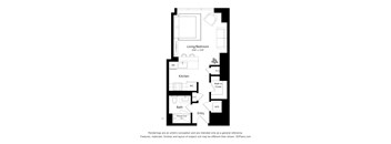 A floor plan of a small apartment with a living/bedroom area, kitchen, and bathroom.