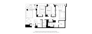 A black and white image of a house floor plan with a living/dining room, kitchen, and three bedrooms.