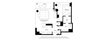 A black and white floor plan of a house with a balcony, living/dining room, kitchen, bathroom, and bedroom.