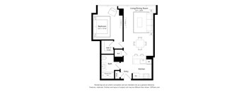 A floor plan of a house with a living/dining room, kitchen, bath, and bedroom.