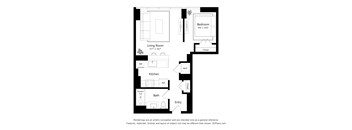 A floor plan of a small apartment with a living room, kitchen, bathroom and bedroom.