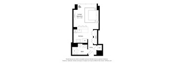 A floor plan of a small apartment with a living room, kitchen, bathroom and entry.