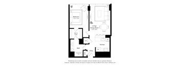 A floor plan of a house with a bedroom, living/dining room, kitchen, bath, and entry.