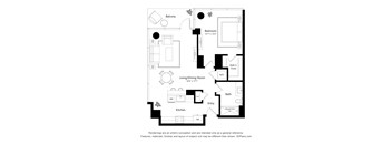 A black and white floor plan of a house with a balcony, living/dining room, kitchen, bath, and bedroom.