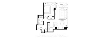 A black and white image of a floor plan for a home with a bedroom, bathroom, entry, and kitchen.