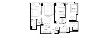 A black and white floor plan of a house with three bedrooms, a living/dining room, a kitchen, an entry, a bath, a walk-in closet, and a garage.