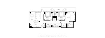A black and white image of a house plan with a kitchen, three bedrooms, a powder room, and a terrace.