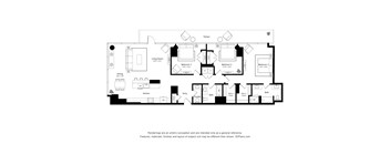 A black and white floor plan of a house with a living room, three bedrooms, a kitchen, a dining room, two bathrooms, and an entry.