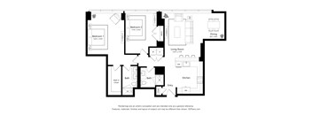 A black and white floor plan of a house with two bedrooms, a living room, a kitchen, two bathrooms, and a dining area.