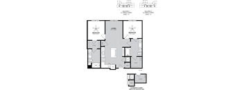 A floor plan of a two-story building with two bedrooms and two bathrooms.
