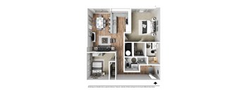 A 3D rendered image of a modern apartment layout.