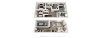 a stylized 3d floor plan of a house with a bedroom and living room
