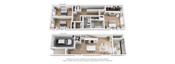 A floor plan of a two-bedroom apartment with dimensions and a note that renderings are a general reference.