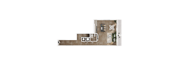 A top-down view of a house layout with a kitchen, dining area, and living room.