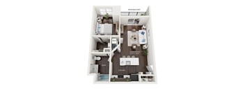 A floor plan of a small apartment with a living room, kitchen, bathroom, and bedroom.