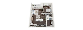 A diagram of a small apartment layout with a living room, dining room, kitchen, bathroom, and bedroom.