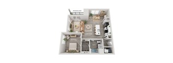 A floor plan of a small apartment with a living room, bedroom, kitchen, and bathroom.