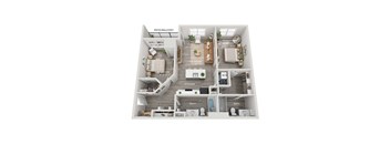 A 3D floor plan of a small apartment with a living room, kitchen, two bathrooms, and a patio.